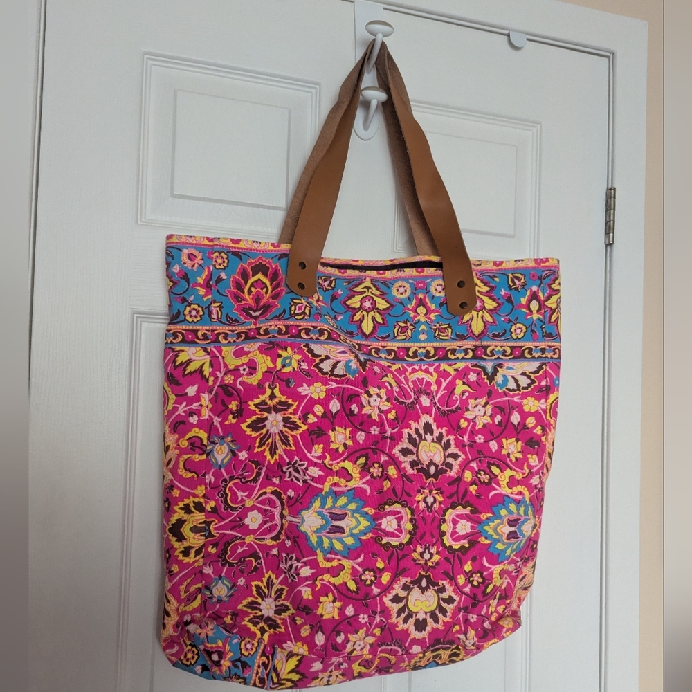 Vibrant Extra Large Pink and Blue Floral Tote Bag With Leather Straps - Picture 3 of 5